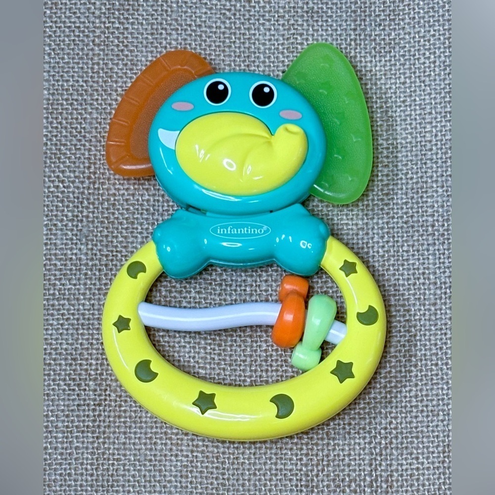Infantino Blue Yellow Elephant Teether Rattle Sensory Toy Baby Infant Whimsical
